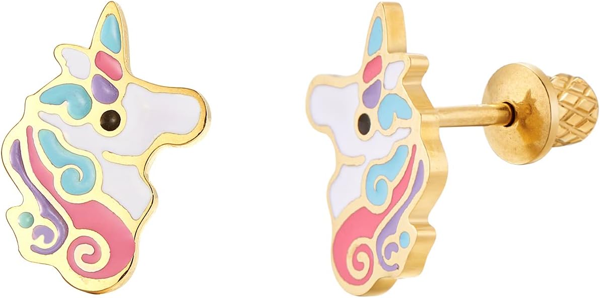 Regetta Jewelry 18K Gold Plated Unicorn Stud Earrings for Girls, Toddler, Hypoallergenic, Stainless Steel, Screw On Safety Backs