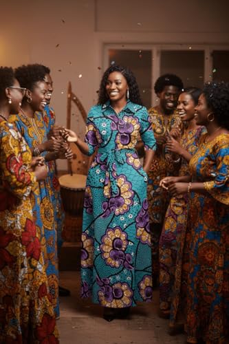 Image of Runwind Women Church Maxi Dresses 3 /4 Sleeve Button Down Print Casual Office Dress African