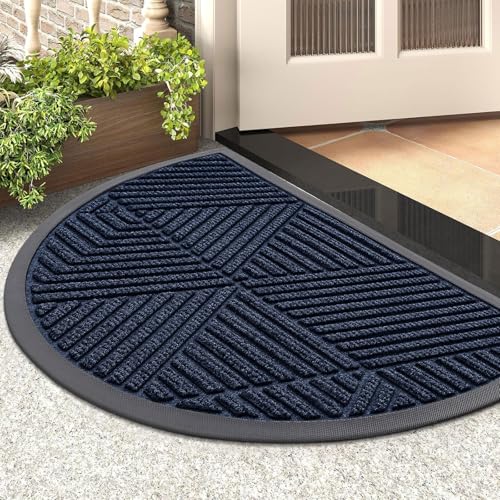 Image of Smiry Half Circle Front Door Mat Outside Entrance, Heavy Duty Sturdy Natural Rubber Doormat, Trap Dirt and Moisture, Low Profile Mats for Indoor Outdoor Entry, Irregular Triangle (29.5x17, Navy Blue)
