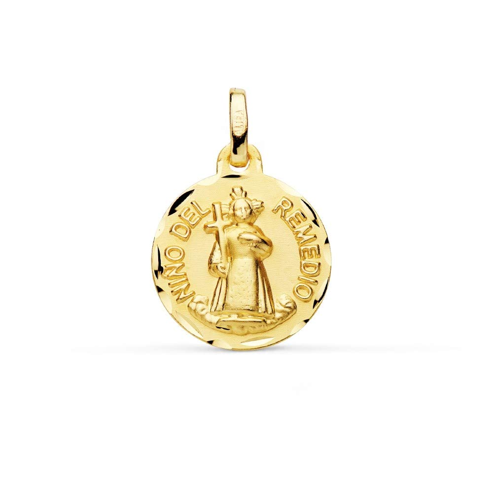 Medalla Oro 18K Niño Del Remedio 16mm Borde Tallado Redonda [Ac1049Gr] - Personalizable - Grabación Incluida En El Precio