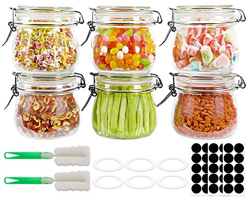Glass Jars with Airtight Lids, 16oz 6pcs Airtight Lids Jars and Leak Proof Rubber Gasket, Wide Mouth Clamp Jars with Hinged Lids and Brushes for Kitchen, Glass Storage Containers, Decorating