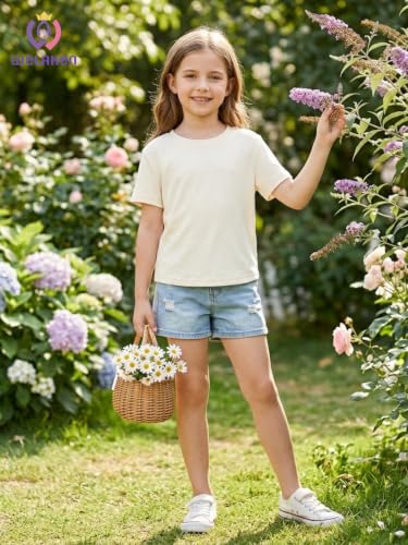 Image of WELAKEN Girls Soft T-Shirt with Curved Hem, Breathable Stretchy Rayon Crewneck Short Sleeve Tees, Kids Everyday Basic Top