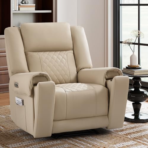 ANJ Top-Grain Genuine Leather Power Recliners for Adults, Classic Electric Recliner Chairs with Power Headrest & 2 Cup Holders, Overstuffed Heavy Duty Reclining Sofa for Living Room Bedroom, Beige