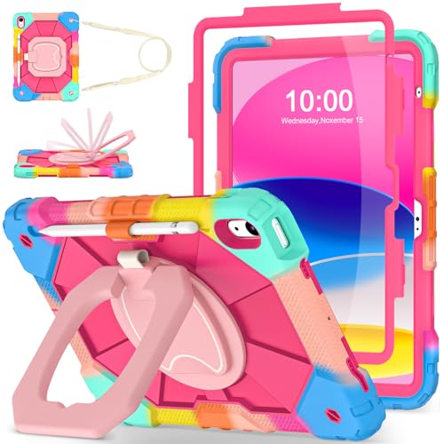 Image of WESOROL Case for iPad (A16) 11th /10th Generation 2025 /2022 with Screen Protector Rotating Stand Pencil Holder Shoulder Strap Heavy Duty Shockproof Cover for iPad 10th Gen Case,Colorful Pink
