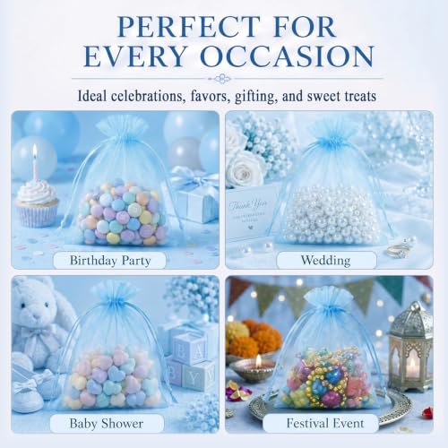 Image of ANZNKU 100 Pack Organza Bags 5 x 7 in Sky Blue Small Mesh Gift Bags Bulk Drawstring for Wedding, Little Goodie Bag for Party Favor Candy Jewelry Soap Makeup, Treat Sachet for Baby Shower Graduation