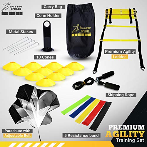 Big B Pro Sports Speed Agility Training Set - Includes Ladder, 10 Cones with Holder, Running Parachute, Jump Rope, Resistance Bands - for Training Football, Soccer, and Basketball Athletes (Yellow)