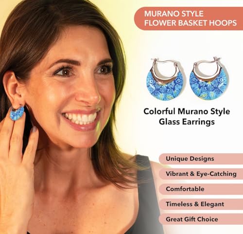 murano style millefiori glass hoop earrings for women trendy - fun earrings floral colorful flower statement hoops stainless steel everyday jewelry teacher birthday gifts 116g