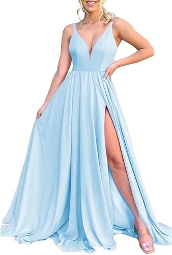 BEIRTY Women's Bridesmaid Dresses Long with Slit A-Line V Neck Sweep Train Formal Party Gowns for Wedding