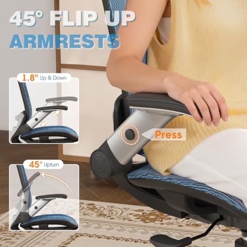 Image of GABRYLLY Ergonomic Office Chair, High Back Mesh Desk Chair with Adjustable Headrest, Flip-Up Arms, 90-120 Tilt Lock, Lumbar Support and Comfy Seat, Swivel Computer Task Chair, Blue
