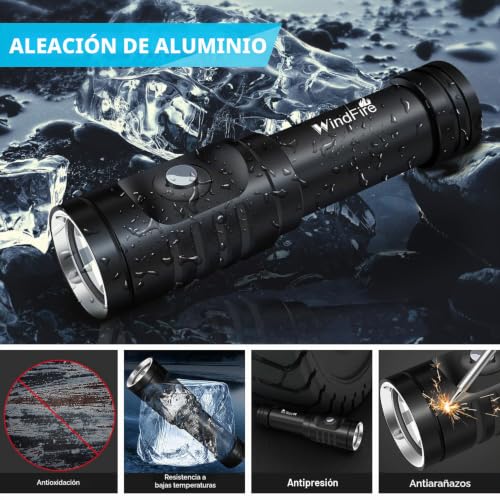 Linterna de buceo WINDFIRE con batería recargable y cargador submarino IPX8 6