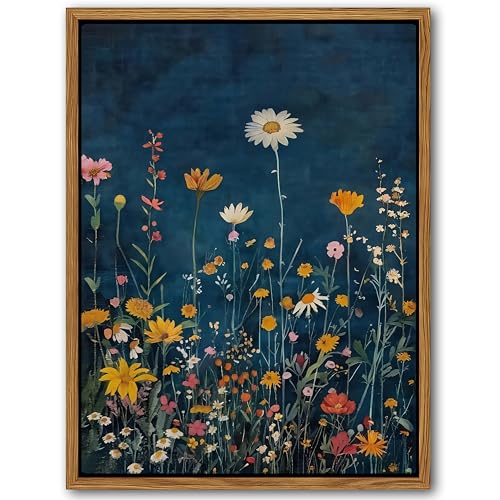 Vintage Botanical Canvas Wall Art, Moody Dark Wildflowers Painting Prints,