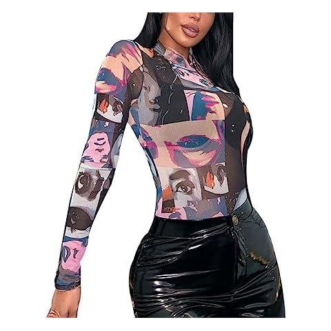 Women's Long Sleeve Sheer Mesh Jumpsuits Printed Beach Bodysuit Bikini Stretchy Leotard Slim Fit One Piece T Shirt Tops Cover