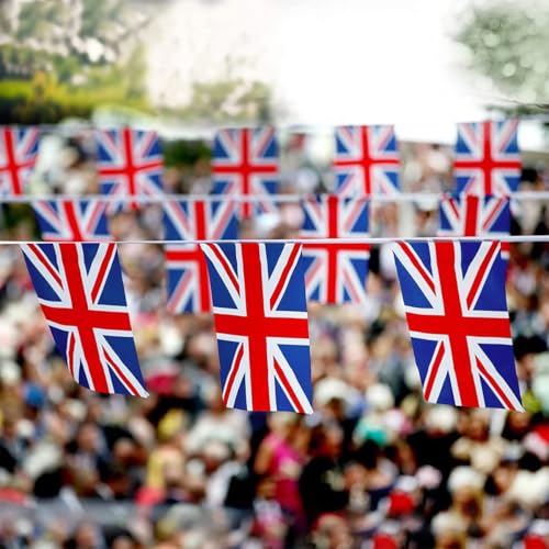 Image of AhfuLife 30 Pcs Union Jack String Flags for VJ-Day 80th Anniversary Decorations, Small British Flag Bunting Banner- Double Sided for Street Garden Football Party Decor (5.5x8.3 Inch -33 Ft)