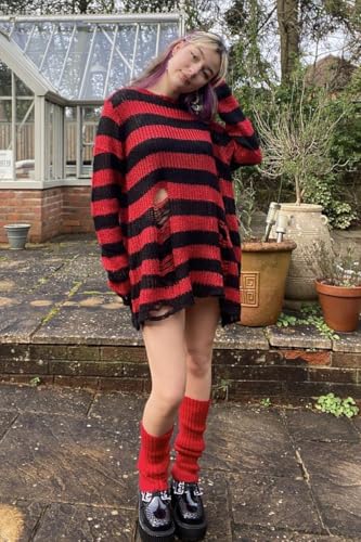 Image of Ro Rox Gothic Knitted Jumper with Distressed Look - Oversized Pullover Ripped Design, Loose Fit, 90s Grunge Stripe Pattern