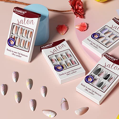 Purple French Tip Fake Nails Almond,Kxamelie Acrylic Nails Press On Stiletto Nails Nude Almond Shaped Stick On Nails Set Glue On Nails Medium Length For Manicure In 24Pcs #TOP5
