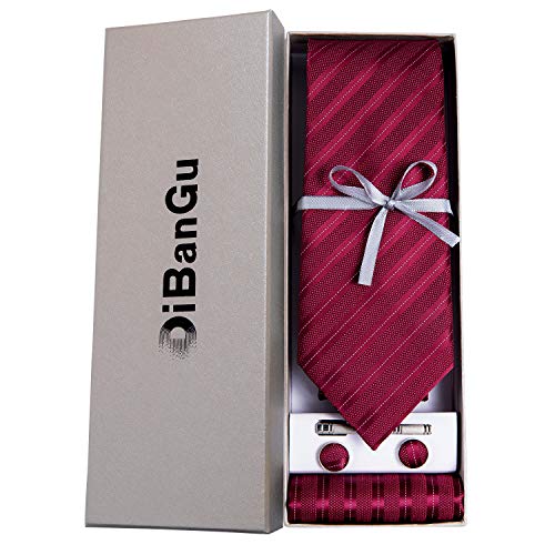 Image of DiBanGu Mens Striped Tie Silk Woven Necktie and Pocket Square Cufflinks Tie Clip Set Wedding Business Formal Gift Tie for Men