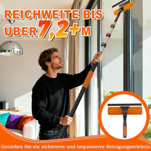 SISUPASSIE 2-in-1 Fensterputzer, 7,2m Fensterabzieher, professionelles Fensterwischer mit Teleskopstiel, drehbarer Kopf für hohe Fenster, für den Innen- und Außenbereich