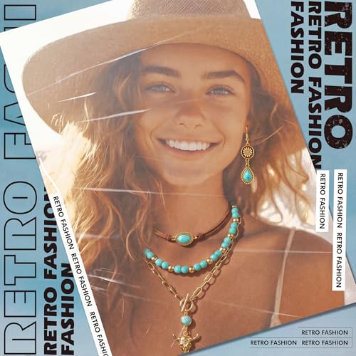 Image of Ecally Bohemian Western Jewelry Turquoise Set Women Country Pendant Long Choker Layered Bracelets Earrings Ring for Women