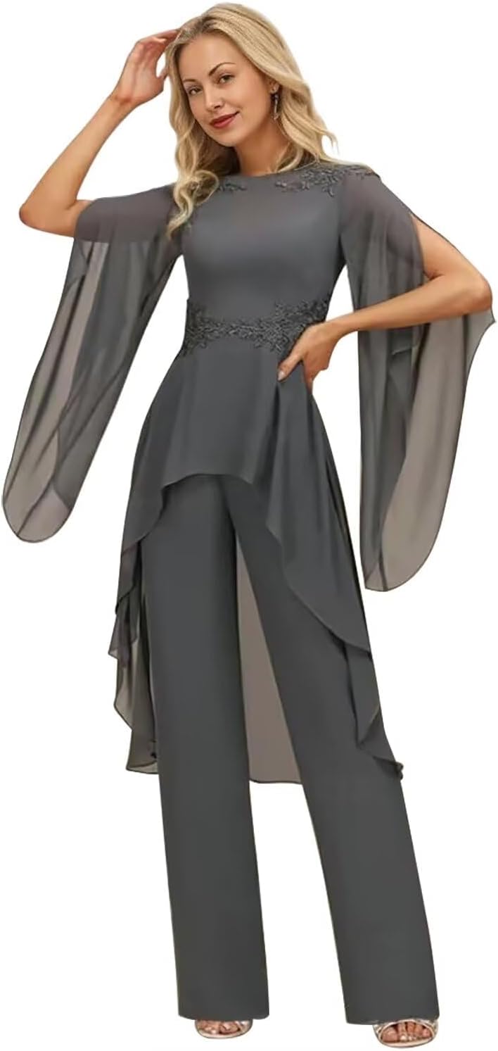 2 Pieces Jumpsuit Mother of The Bride Pant Suits for Wedding - Chiffon Lace Appliques Ruffle Long Prom Formal Outfits