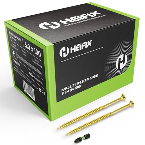 Heifix Multi-Purpose Wood Screws - FREE Screw Bit Included (QTY 200, 5mm x 100mm) Pozi Double Countersunk