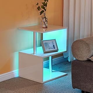 LEMROE White LED End Table High Gloss Side Table with 2 Storage Shelves and Steel Tubes for Living Room Small Coffee Table Bedroom Storage Unit for Home Furniture (1PC)