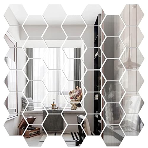 36 Pieces Hexagon Mirror Wall Decor For Room, Acrylic Mirrors For Wall, Removable Mirror Wall Stickers For Bedroom, Decorative Silver Sticky Wall Decals. Hexagonal Wall Decal Decoration. #TOP1
