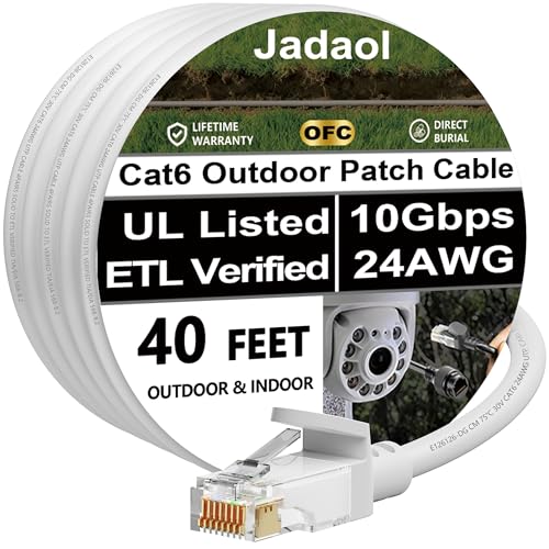 Jadaol Cat 6 Ethernet Cable 40ft, Outdoor&amp;Indoor, 10Gbps Support Cat8/7 Network, 24AWG Pure Copper Patch LAN Cord, Direct Burial Waterproof In-Ground UV Resistant for Router, Modem, Switch, POE, White