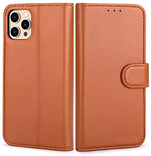 Étui portefeuille iPhone 12 Pro SCHIK en cuir marron avec porte-cartes et stand