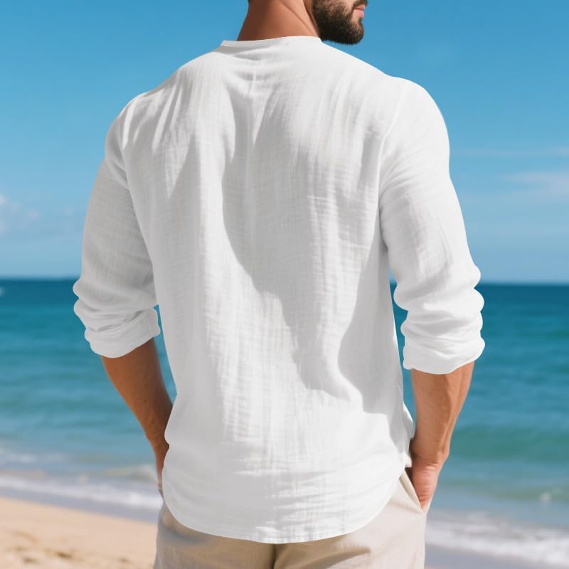 Mens Linen V-Neck Shirts Casual Long Sleeve Hippie Yoga Tops Lightweight Summer Beach Shirt - Image 5