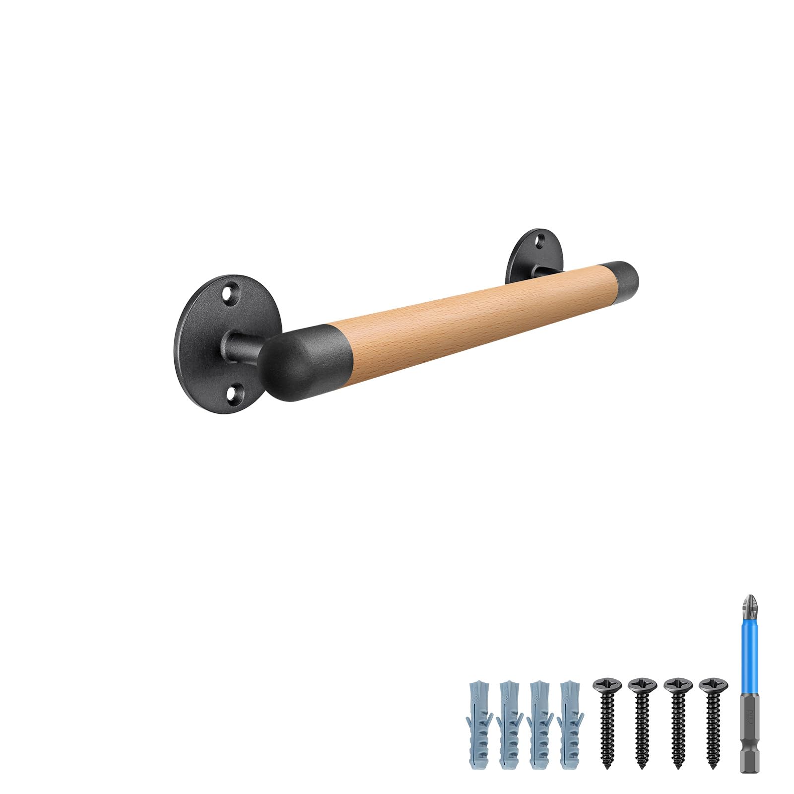 SELEWARE 15 Inch Wood Handrail Stair Handrail Drywall or Concrete Mount Handrail w/Sturdy Metal Base, Barrier-Free Staircase Grab Bar for Elderly, 1.3 Inch Round