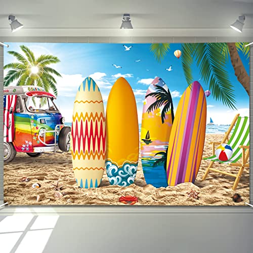 Extra Large Beach Party Decorations Surfboards Banner 72"X48" Backdrop Tropical Hawaiian Yard Sign Summer Poster Double Sided Printed Luau Hanging Supplies Sea Ocean Surfing Vehicle Wall Decor Background With Brass Grommets For Outdoor Outside Fence Birthday Gathering #TOP17