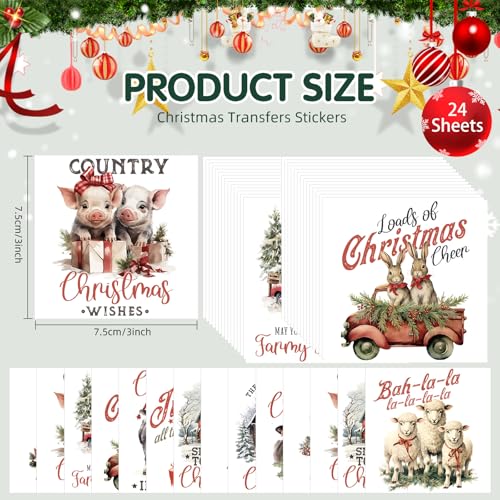 Image of ZMRU 24 Sheets Vintage Christmas Rub On Transfers for Crafts, Rub On Transfers Christmas for Wood,Furniture Decals, Glass, Porcelain, Leather, Canvas, Fabric Projects,3 * 3inch(Farm Christmas)