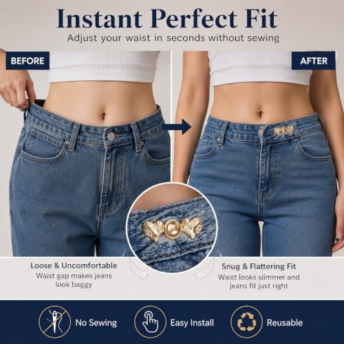 Image of YEKDA 4 Sets Butterfly Jean Buttons Waist Tightener for Loose Pants, No-Sew Adjustable Waist Buckle Clips, Detachable Decorative Jean Button Pins for Women's Jeans & Skirts (359 - Heart)