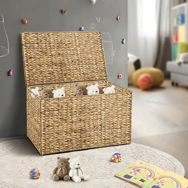 Water Hyacinth Storage Basket with Lid, 42.3 Gallon (160L) Wicker Storage Trunk with Handles, Handwoven Wicker Storage Bin for Blanket, Foldable, for Living Room, Laundry Room, Natural