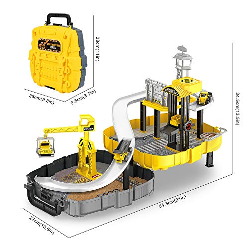 BeebeeRun Construction Vehicles for Kid - Engineering Construction Truck Parking Lot with Race Track,Helicopter,Bulldozer, Mixer Toy for 3 4 5 Year Old Boys, Toddlers, Kids,Children