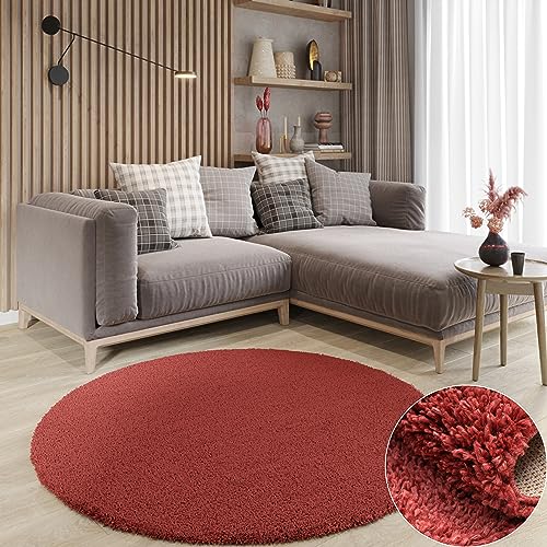 MY-RUG Teppich Shaggy Star Hochflor rund weinrot 120 x 120 cm - Wohnzimmer Teppich, Flauschig,...