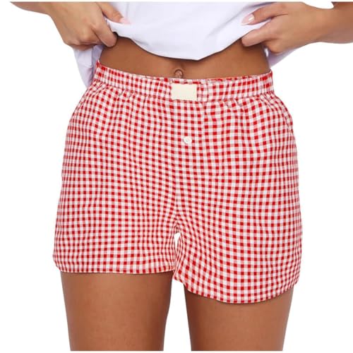 Image of Women Pajamas Shorts Y2k Elastic Waist Plaid Boxer Shorts Cute Gingham Sleep Lounge Bottoms