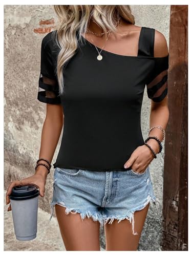 SOLY HUX Women's Summer Mesh T Shirt Cold Shoulder Asymmetrical Neck Short Sleeve Casual Tee Tops4