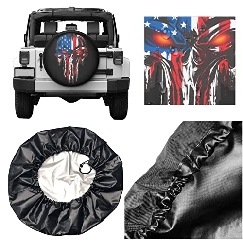 Image of American Flag Skull Patriotic Spare Tire Cover,Universal Wheel Tire Cover for Trailer, RV, SUV, Truck,Camper and Many Vehicle,Weatherproof Tire Protectors(17 inch for Diameter 31 inch-33 inch)
