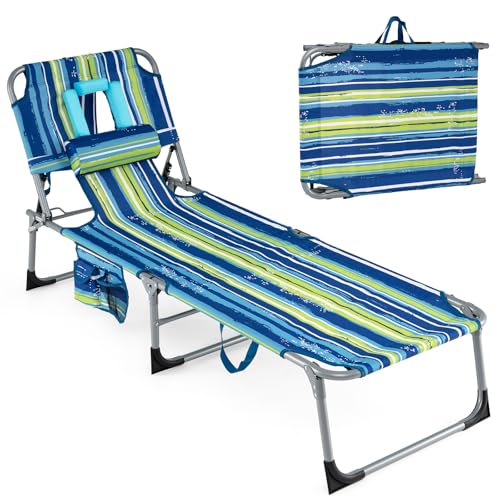 COSTWAY Tumbona Plegable, Agujeros para Cara y Brazos, Tumbona Reclinable con Respaldo Ajustable de 5 Niveles, Bolsillos y Almohada, Espreguiçadeira Jardim Playa Piscina, Carga 150kg (Marino Raya)