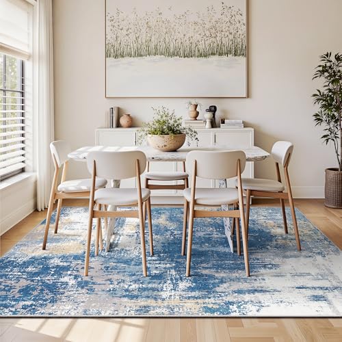 Image of 5x7 Rugs for Living Room - Modern Abstract Washable Rug, Ultra Soft Non Slip Low Pile Large Rugs, Floor Carpet for Bedroom Dining Room Office Laundry Nursery Home(Blue & Beige)