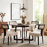 HNY Mid Century Modern Rattan Dining Chairs Set of 4, Farmhouse Linen Upholstered Accent Chair Curved Backrest Kitchen Chairs, with Black Hardwood Frame, Beige