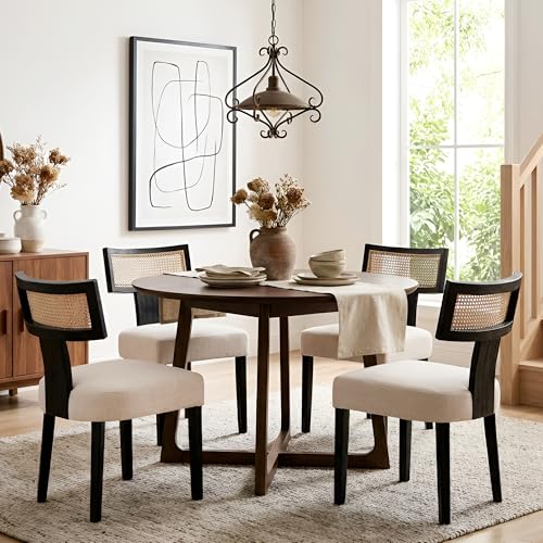 HNY Mid Century Modern Rattan Dining Chairs Set of 4, Farmhouse Linen Upholstered Accent Chair Curved Backrest Kitchen Chairs, with Black Hardwood Frame, Beige