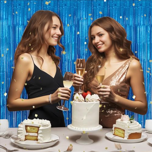 Image of DECOCKRAT 3 Pack Foil Fringe Backdrop - Laser Blue Shiny Tinsel Curtains for Party Decoration /Photo Booth Props - 3.3x8.2 FT Metallic Foil Backdrop for Birthday, Wedding, Graduation, Christmas.