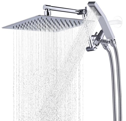 G-Promise All Metal 10 Inches Rainfall Shower Head with Handheld Spray Combo, 3 Settings Diverter, Adjustable Extension Arm with Lock Joints, 71 Inches Stainless Steel Hose (Chrome)