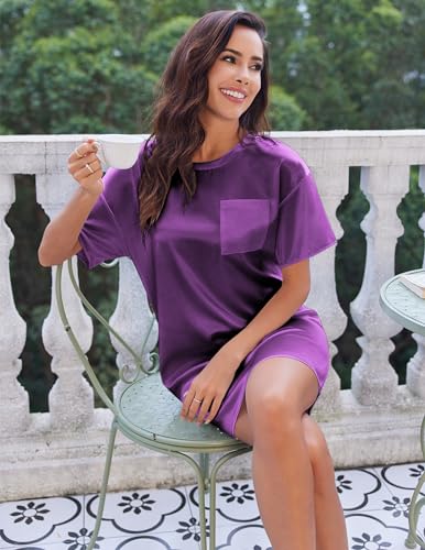 Image of Ekouaer Silk Sleep Shirts for Women Satin Nightshirt Tshirt Nightgown Short Sleeve Sleepwear Round Neck Shirt Dress With Chest Pocket Bright Purple L
