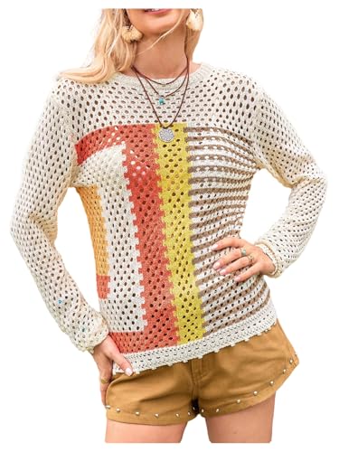 SHENHE Women's Crochet Top Hollow Out Crew Neck Color Block Lightweight Knit Sweater Pullover