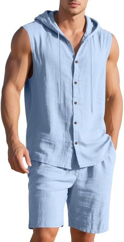 crazynekos Men Linen Feeling Sets Outfits Sleeveless Hoodies 2 Piece Short Set Beach Tank T Shirts Solid Sets
