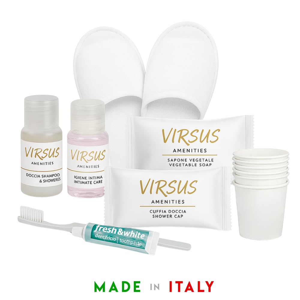 Virsus 290 Pezzi Kit Cortesia SUPERIOR: 50 Flaconi Igiene intima 20ml, 50 Flaconi Doccia Shampoo 20ml, 50 cuffie, 50 Saponette, 50 Bicchieri Imbustati, 20 Paia Pantofole, 20 Set Denti, Linea cortesia