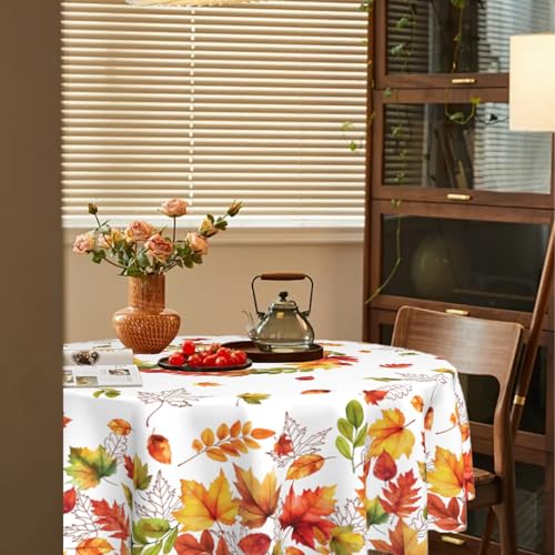 SUZEJHE Fall Round Tablecloth 60x60 Inch Autumn Maple Leaf Table Cover Holiday Decorations Seasonal Decor for Home Kitchen Dining Room Picnic Party Thanksgiving